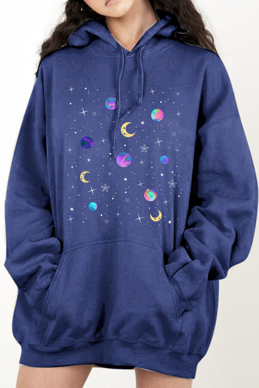 Dark Slate Blue Simply Love Full Size Dropped Shoulder Star &amp; Moon Graphic Hoodie Sentient Beauty Fashions Apparel &amp; Accessories