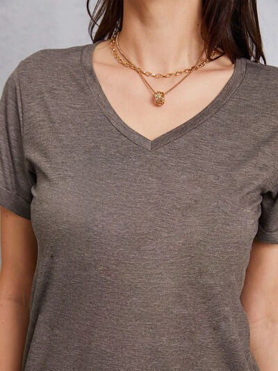 Dim Gray V-Neck Short Sleeve T-Shirt Sentient Beauty Fashions Apparel &amp; Accessories