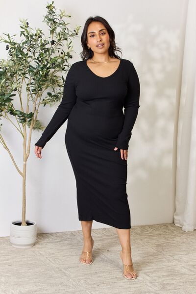 Light Gray Culture Code Full Size Ribbed Long Sleeve Midi Slit Dress Sentient Beauty Fashions Apparel &amp; Accessories