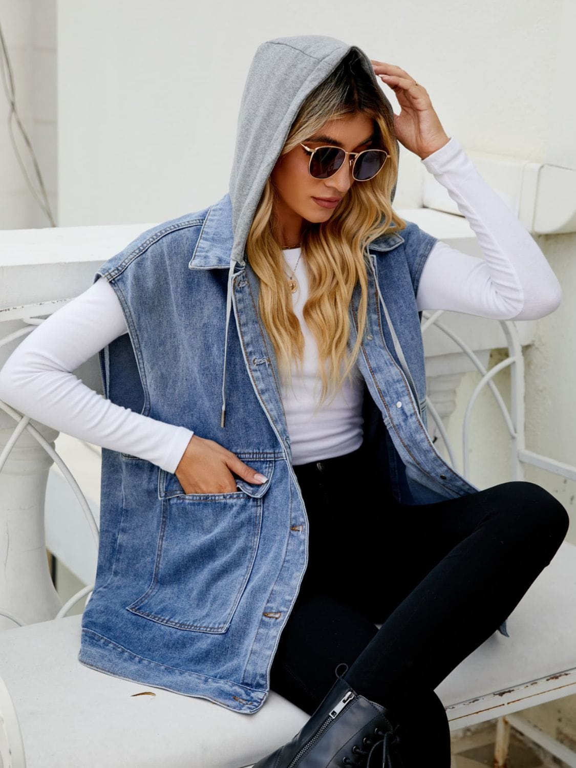 Gray Hooded Sleeveless Denim Top with Pockets Sentient Beauty Fashions denim