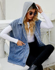 Gray Hooded Sleeveless Denim Top with Pockets