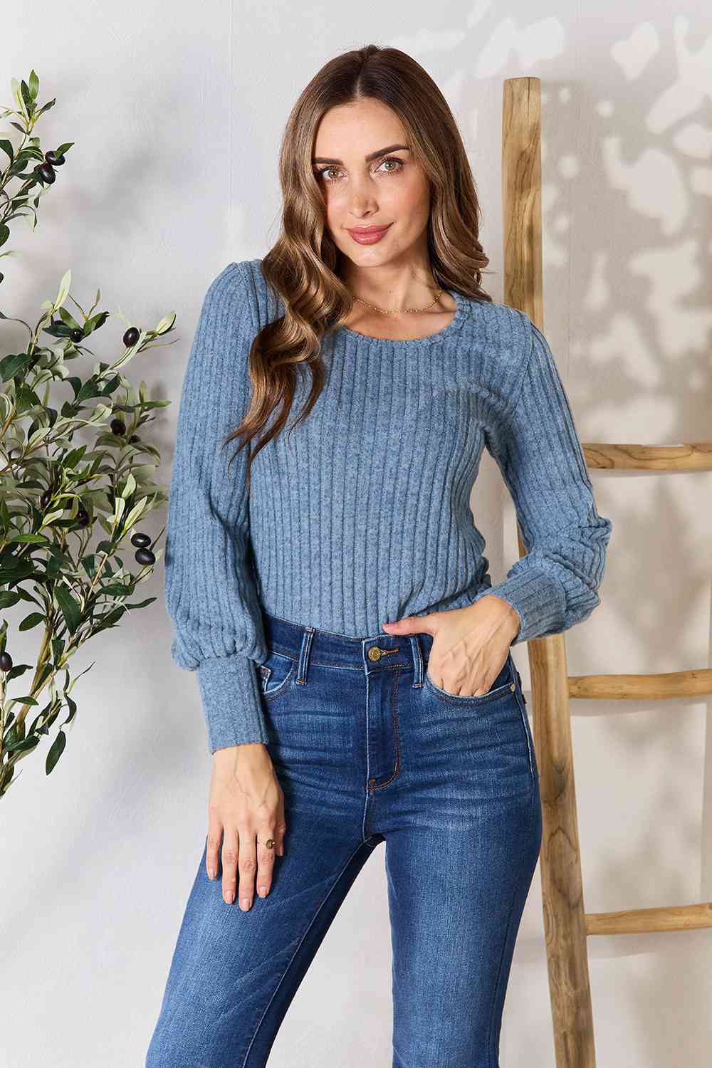 Gray Double Take Ribbed Round Neck Lantern Sleeve Blouse Sentient Beauty Fashions Apparel & Accessories