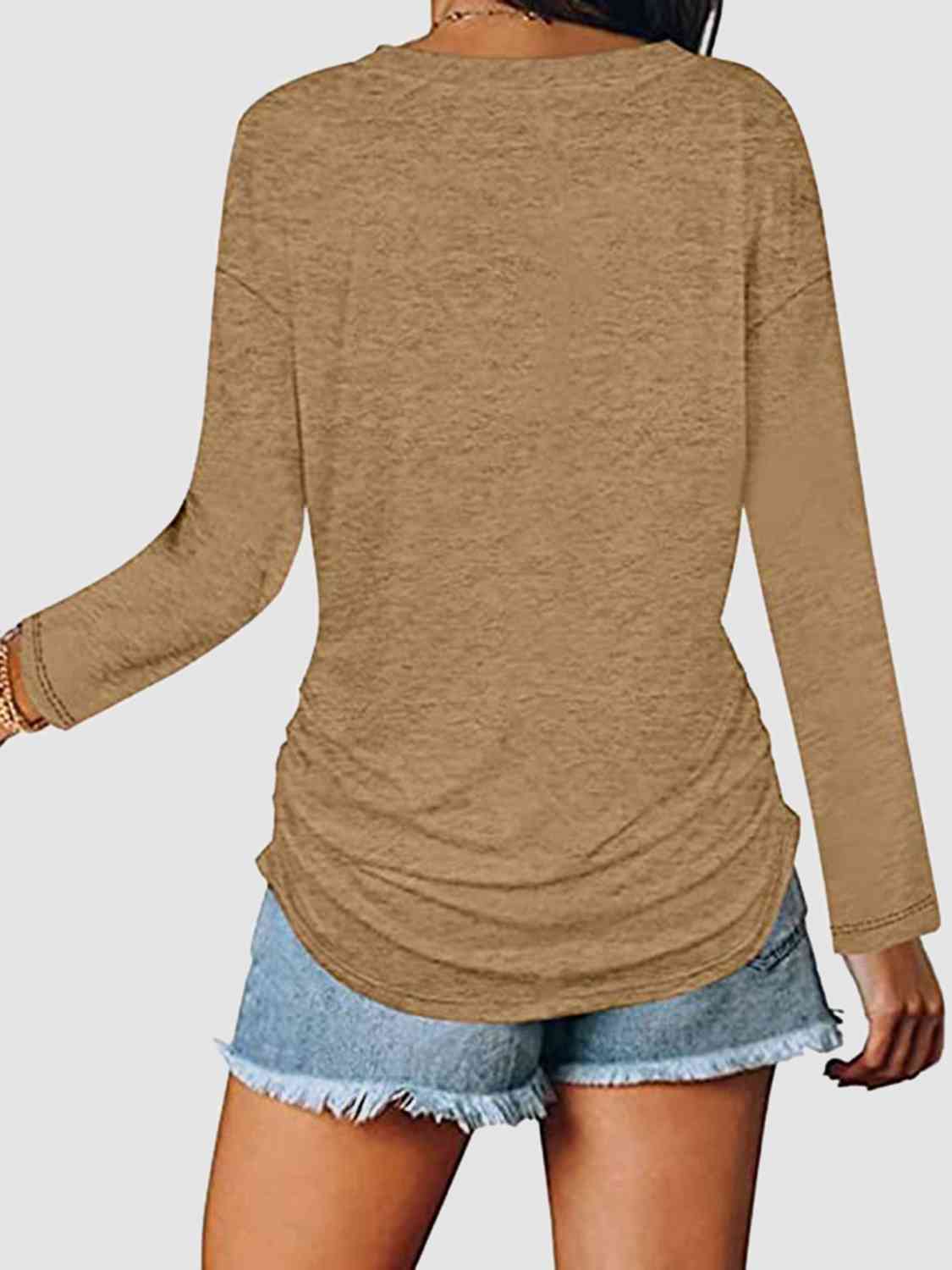 Rosy Brown Ruched V-Neck Long Sleeve T-Shirt