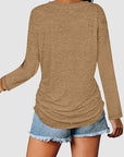 Rosy Brown Ruched V-Neck Long Sleeve T-Shirt