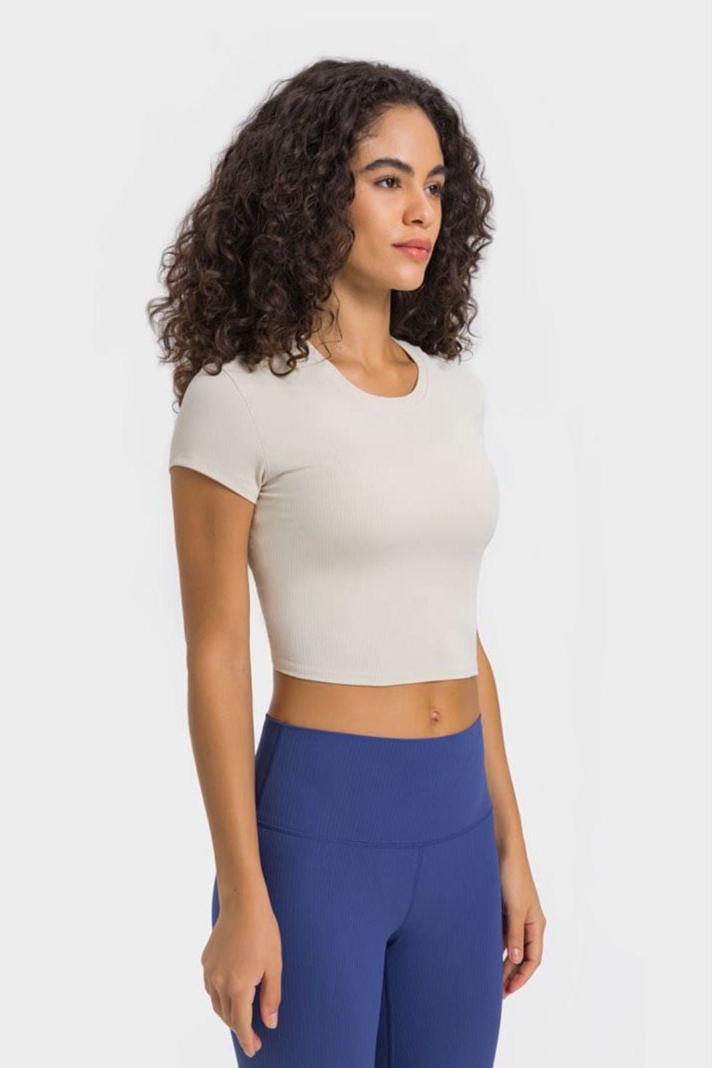 Beige Round Neck Short Sleeve Cropped Sports T-Shirt