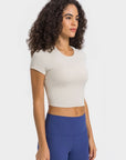 Beige Round Neck Short Sleeve Cropped Sports T-Shirt