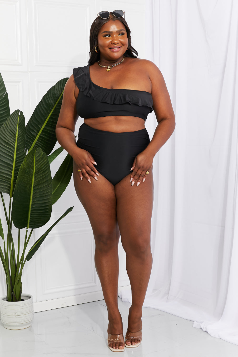 Dark Slate Gray Marina West Swim Seaside Romance Ruffle One-Shoulder Bikini in Black Sentient Beauty Fashions Swimwear
