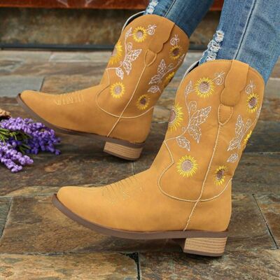 Dim Gray Sunflower Embroidered Block Heel Boots Sentient Beauty Fashions Shoes