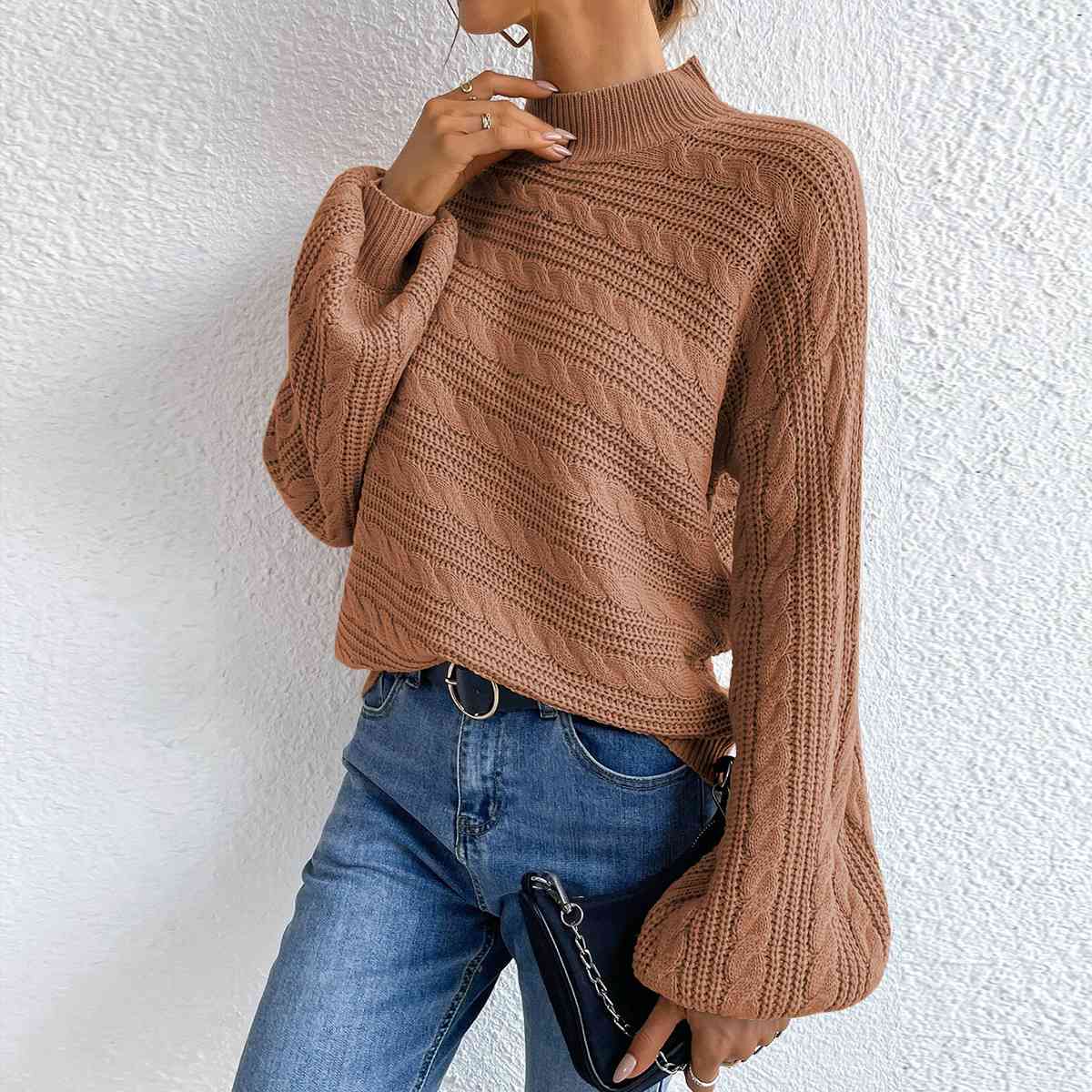 Light Gray Cable-Knit Mock Neck  Long Sleeve Sweater