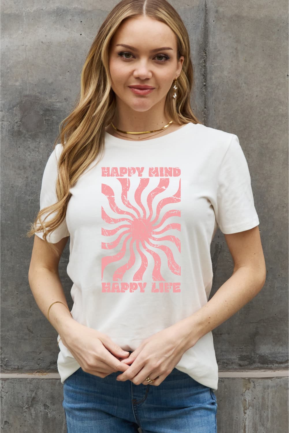 Dim Gray Simply Love Full Size HAPPY MIND HAPPY LIFE Graphic Cotton Tee Sentient Beauty Fashions Apparel &amp; Accessories