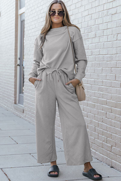 Gray Double Take Full Size Textured Long Sleeve Top and Drawstring Pants Set Sentient Beauty Fashions Apparel &amp; Accessories