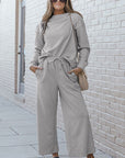 Gray Double Take Full Size Textured Long Sleeve Top and Drawstring Pants Set Sentient Beauty Fashions Apparel & Accessories