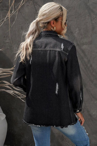 Dark Slate Gray Distressed Button Up Raw Hem Denim Jacket Sentient Beauty Fashions Apparel &amp; Accessories