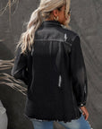 Dark Slate Gray Distressed Button Up Raw Hem Denim Jacket Sentient Beauty Fashions Apparel & Accessories