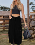 Dark Slate Gray Slit Front Midi Denim Skirt with Pockets Sentient Beauty Fashions Apparel & Accessories