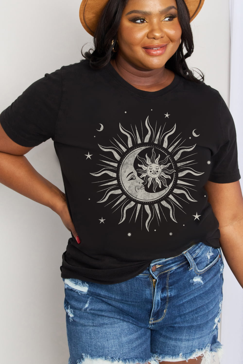 Dark Slate Gray Simply Love Full Size Sun, Moon, and Star Graphic Cotton Tee Sentient Beauty Fashions Apparel &amp; Accessories