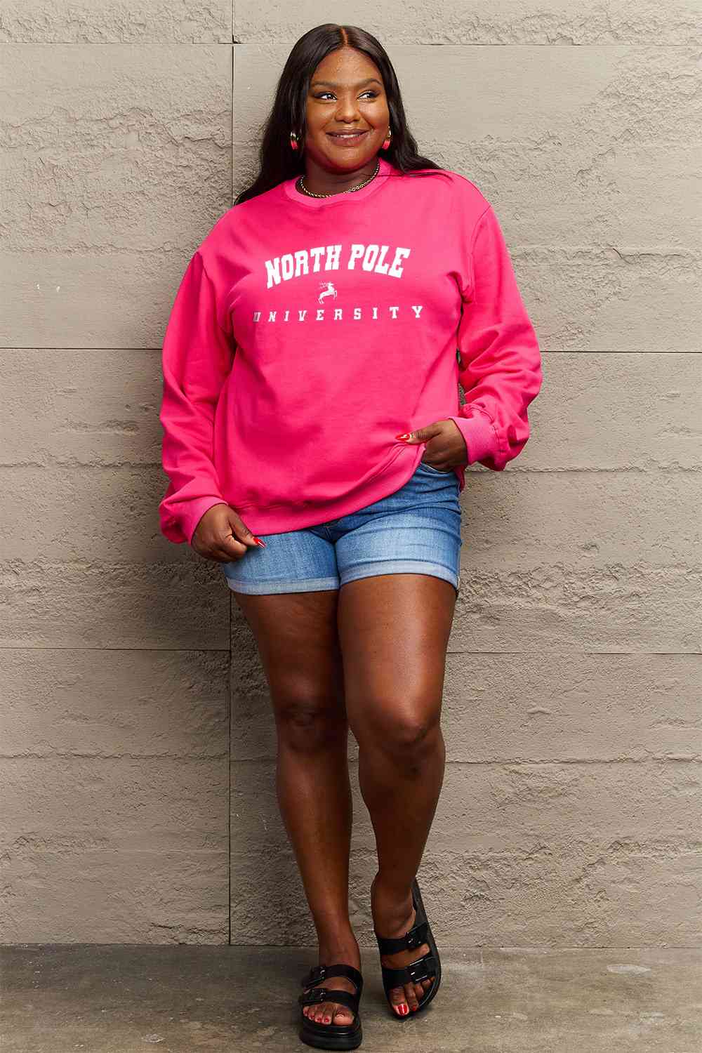 Rosy Brown Simply Love Full Size NORTH POLE UNIVERSITY Graphic Sweatshirt Sentient Beauty Fashions Apparel & Accessories