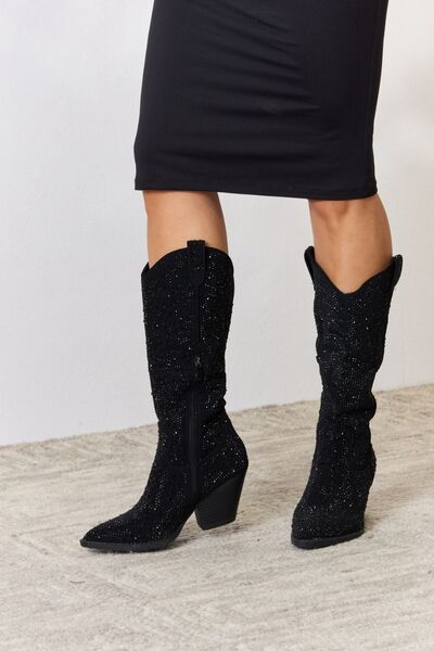 Black Forever Link Rhinestone Knee High Cowboy Boots Sentient Beauty Fashions Apparel & Accessories