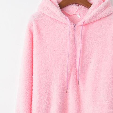 Misty Rose Quarter-Zip Drawstring Teddy Hoodie