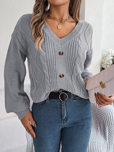 Dark Gray Cable-Knit Buttoned V-Neck Sweater Sentient Beauty Fashions Apparel & Accessories
