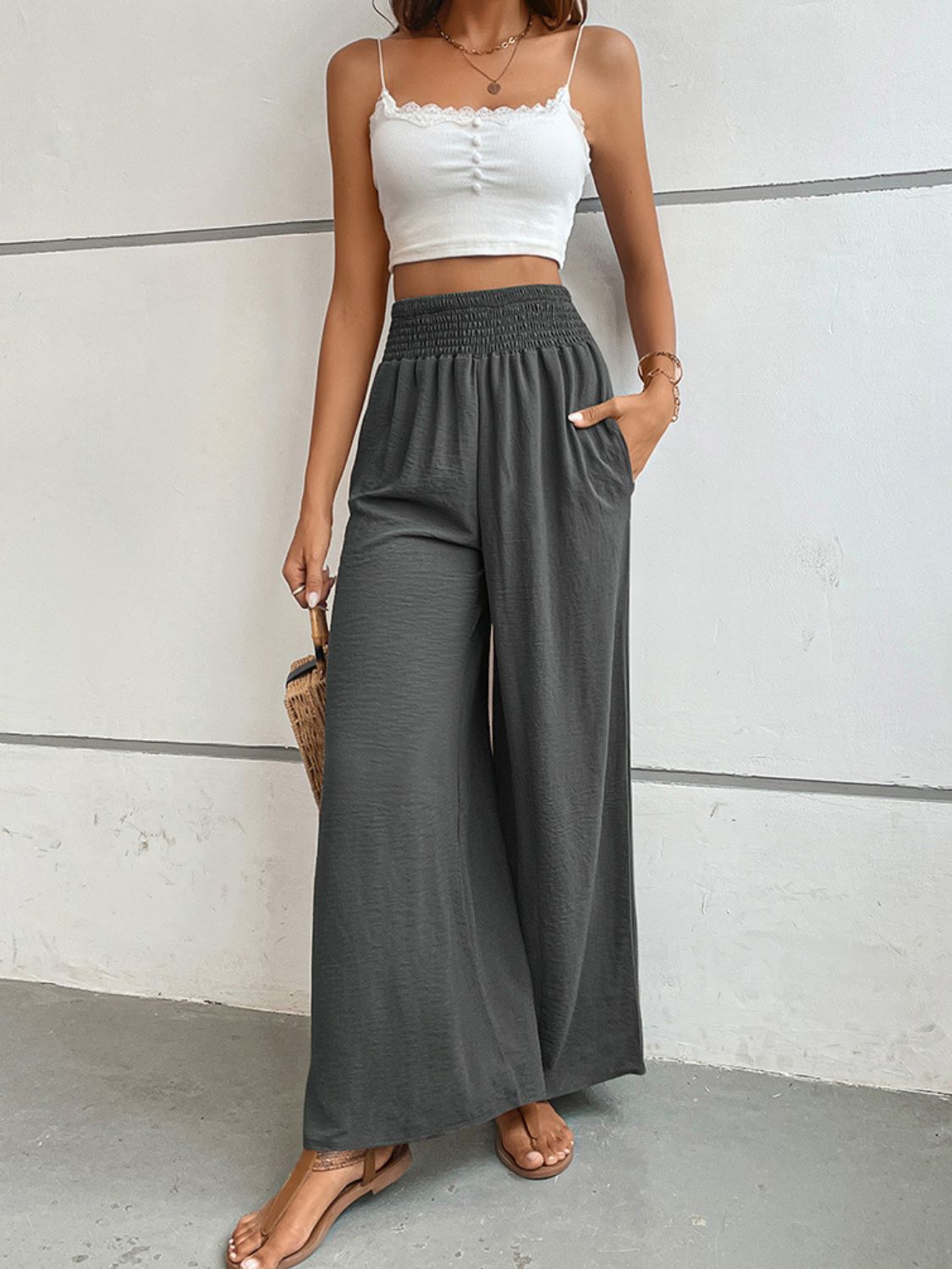 Light Gray Wide Waistband Relax Fit Long Pants Sentient Beauty Fashions Apparel &amp; Accessories
