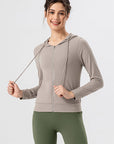 Light Gray Drawstring Zip Up Hooded Active Outerwear Sentient Beauty Fashions Apparel & Accessories