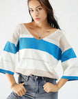 Dark Slate Blue Color Block V-Neck Dropped Shoulder Sweater Sentient Beauty Fashions Apparel & Accessories