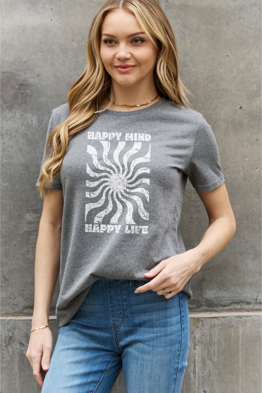 Light Slate Gray Simply Love Full Size HAPPY MIND HAPPY LIFE Graphic Cotton Tee Sentient Beauty Fashions Apparel &amp; Accessories