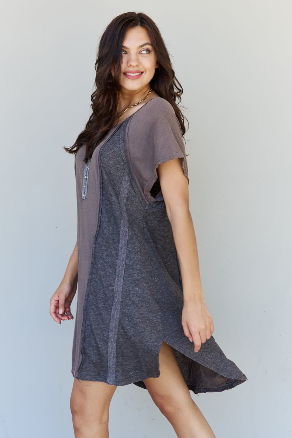 Gray POL All Day Comfort Front Hook Contrast T-Shirt Dress in Mocha