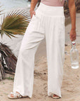 Light Gray Full Size Smocked Waist Wide Leg Pants Sentient Beauty Fashions Apparel & Accessories