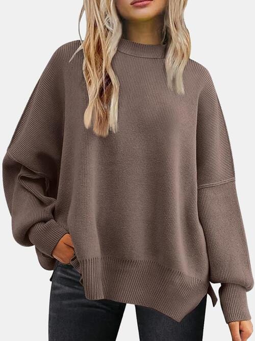 Dim Gray Round Neck Drop Shoulder Slit Sweater