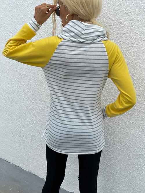 Gray Contrast Striped Drawstring Long Sleeve Sweatshirt Sentient Beauty Fashions Tops