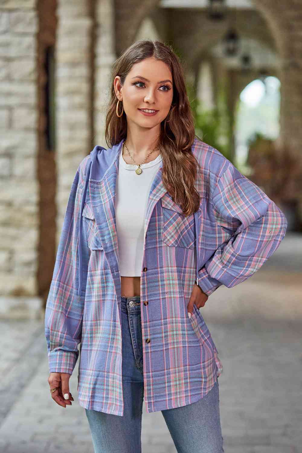 Light Slate Gray Plaid Long Sleeve Hooded Jacket Sentient Beauty Fashions Apparel &amp; Accessories