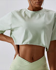 Gray Cropped Round Neck Short Sleeve Active Top Sentient Beauty Fashions Apparel & Accessories