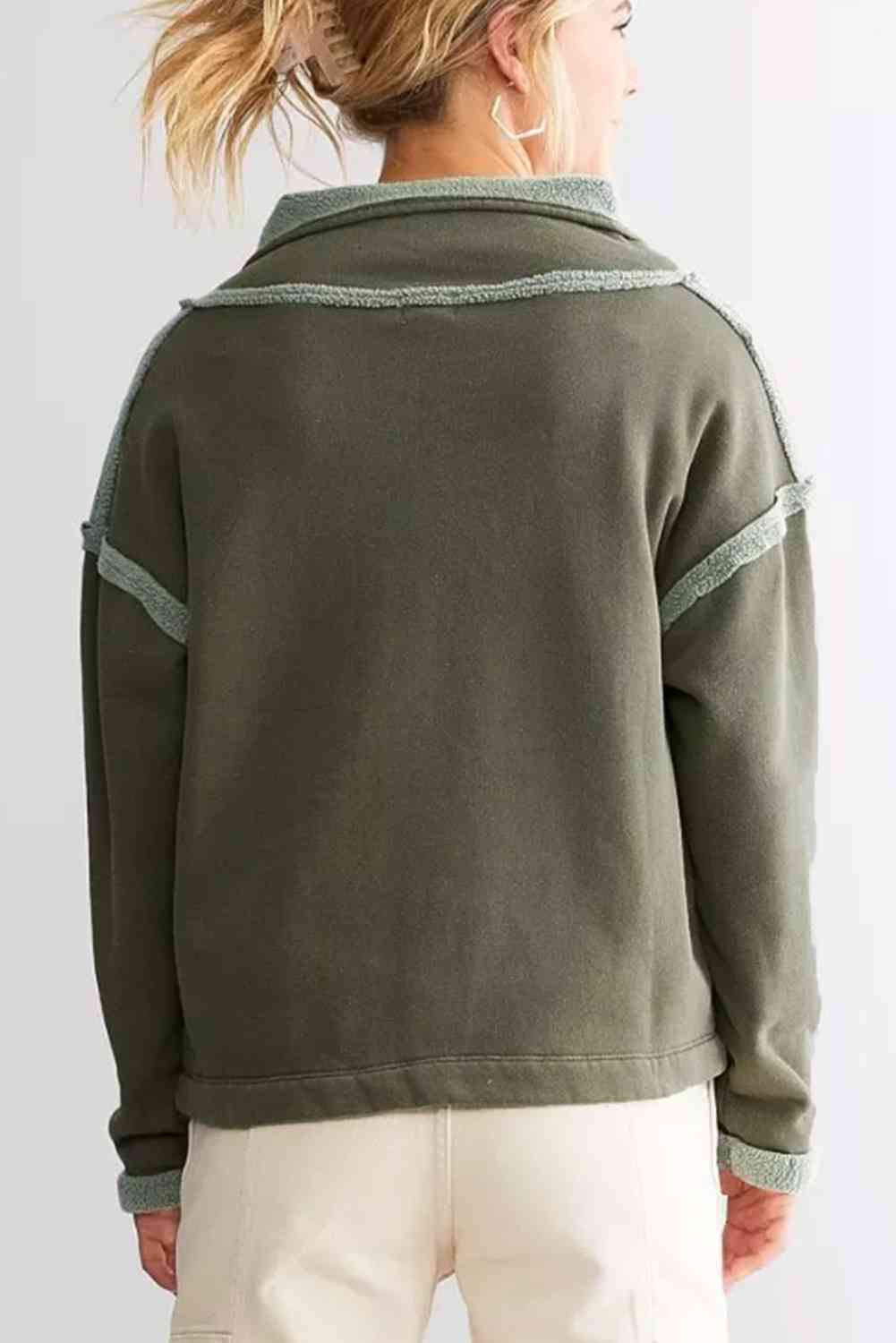 Dark Slate Gray Collared Neck Half Sanp Up Drop Shoulder Sweatshirt