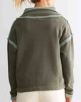 Dark Slate Gray Collared Neck Half Sanp Up Drop Shoulder Sweatshirt