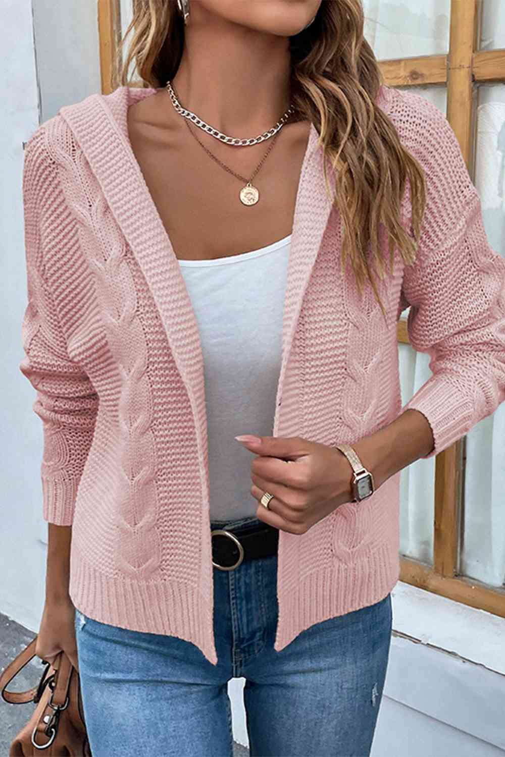 Rosy Brown Cable-Knit Dropped Shoulder Hooded Cardigan