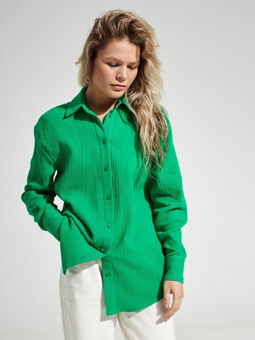 Sea Green Textured Button Up Long Sleeve Shirt Sentient Beauty Fashions Apparel &amp; Accessories