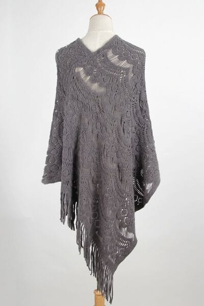 Lavender Fringe Openwork Surplice Cape Sleeve Poncho