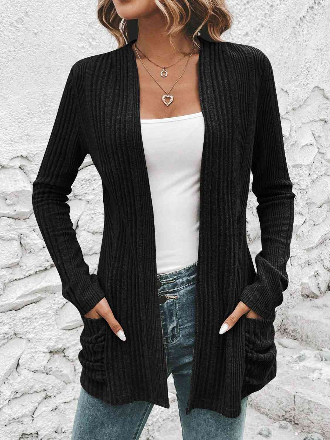 Black Ribbed Open Front Cardigan with Pockets
