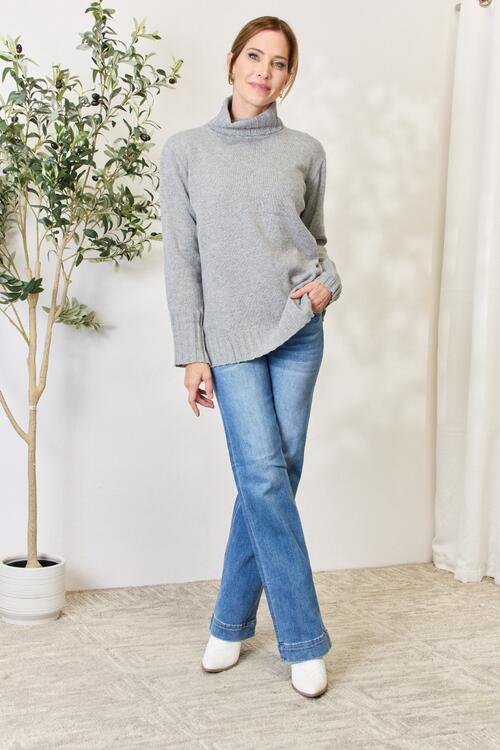Light Gray Heimish Full Size Turtleneck Long Sleeve Slit Sweater Sentient Beauty Fashions Apparel & Accessories