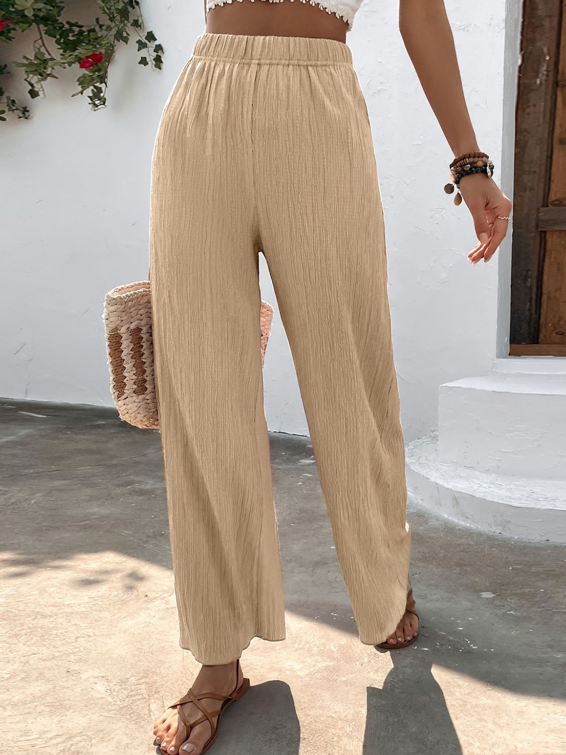 Rosy Brown Textured High-Waist Wide Leg Pants Sentient Beauty Fashions Apparel &amp; Accessories