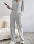 Gray Ribbed V-Neck Top and Pants Lounge Set Sentient Beauty Fashions Apparel & Accessories