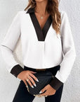 Light Gray Contrast Trim V-Neck Long Sleeve Blouse