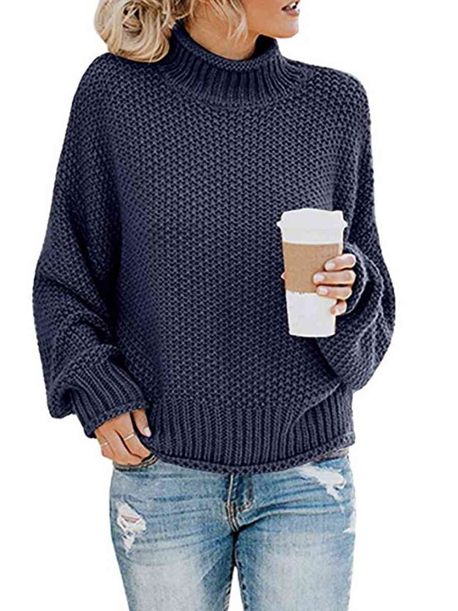 Dark Slate Gray Turtleneck Dropped Shoulder Sweater
