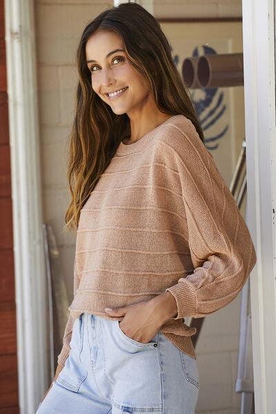 Rosy Brown Striped Ribbed Trim Round Neck Sweater Sentient Beauty Fashions Apparel & Accessories