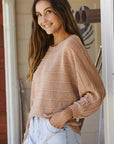 Rosy Brown Striped Ribbed Trim Round Neck Sweater Sentient Beauty Fashions Apparel & Accessories