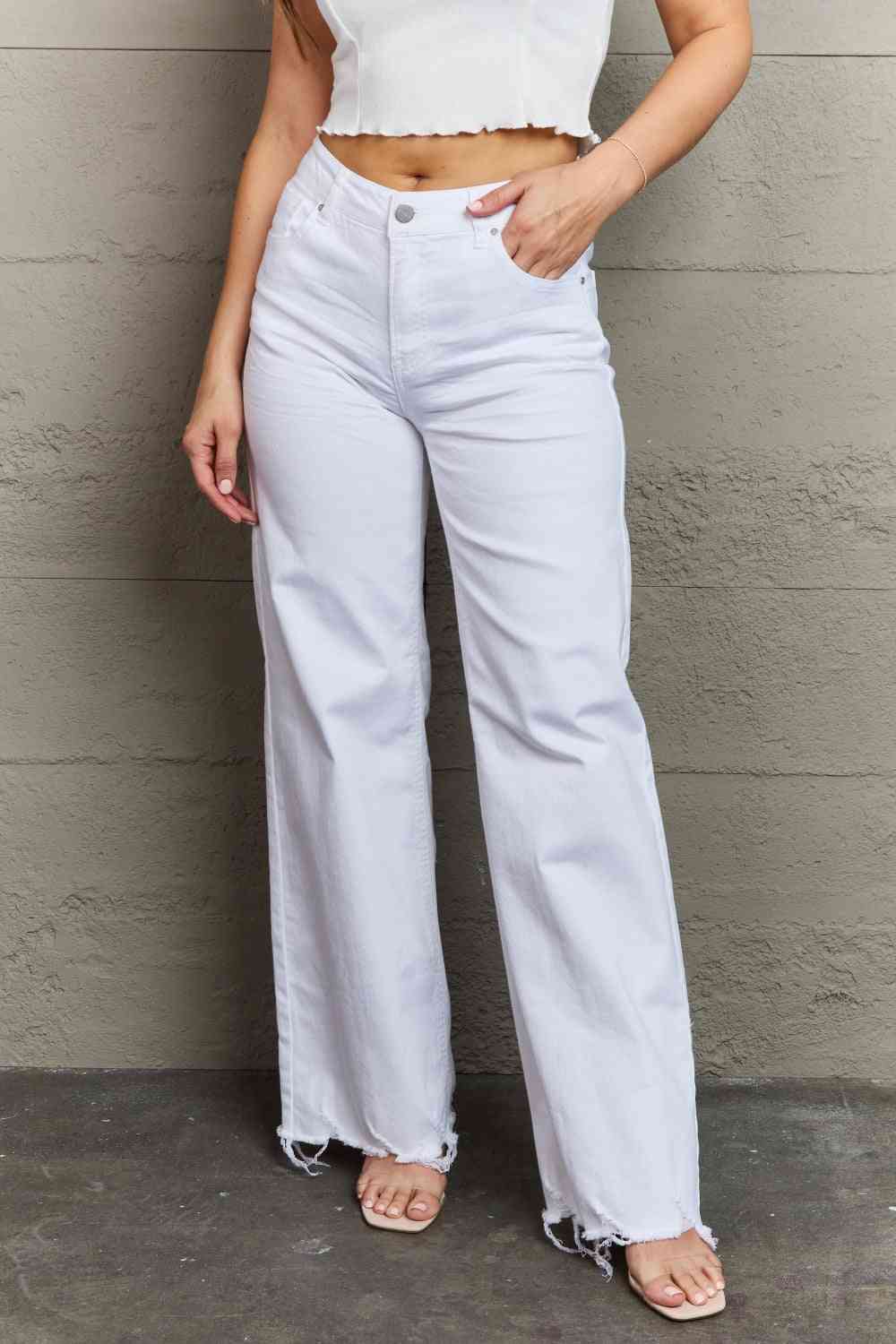 Slate Gray RISEN Raelene Full Size High Waist Wide Leg Jeans in White Sentient Beauty Fashions Apparel & Accessories