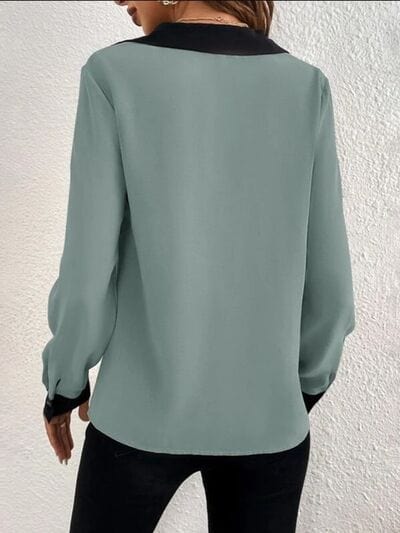 Slate Gray Contrast Trim V-Neck Long Sleeve Blouse