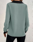 Slate Gray Contrast Trim V-Neck Long Sleeve Blouse